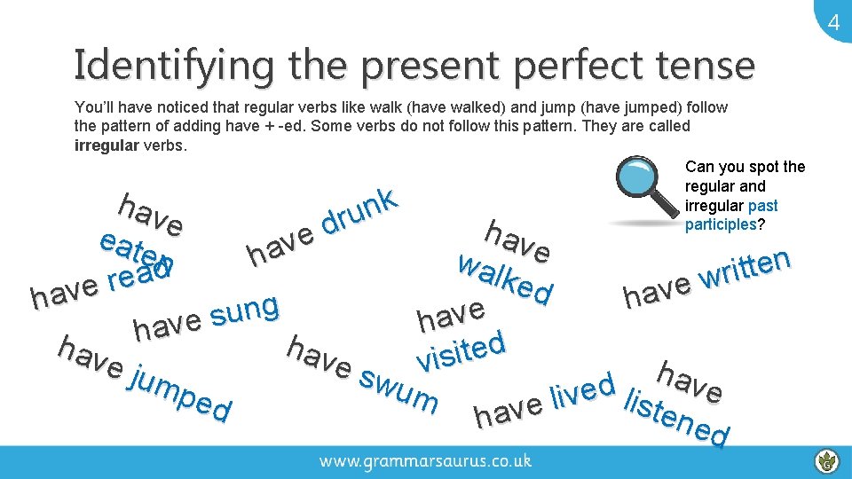 4 Identifying the present perfect tense You’ll have noticed that regular verbs like walk
