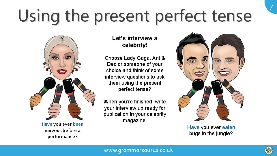 Using the present perfect tense Let’s interview a celebrity! Choose Lady Gaga, Ant &