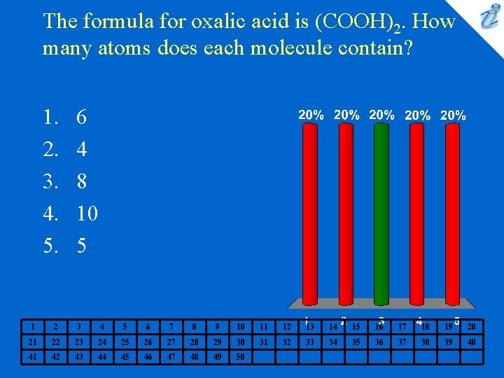 The formula for oxalic acid is (COOH)2. How many atoms does each molecule contain? The formula for oxalic acid is (COOH)2. How many atoms does each molecule contain?