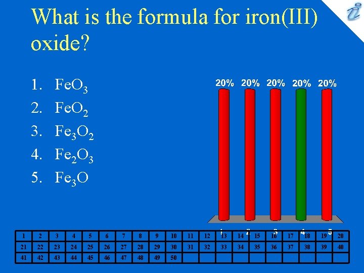 What is the formula for iron(III) oxide? 1. 2. 3. 4. 5. Fe. O What is the formula for iron(III) oxide? 1. 2. 3. 4. 5. Fe. O