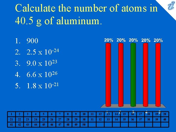 Calculate the number of atoms in 40. 5 g of aluminum. 1. 2. 3. Calculate the number of atoms in 40. 5 g of aluminum. 1. 2. 3.