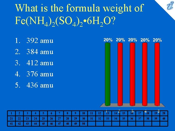 What is the formula weight of Fe(NH 4)2(SO 4)2 • 6 H 2 O? What is the formula weight of Fe(NH 4)2(SO 4)2 • 6 H 2 O?