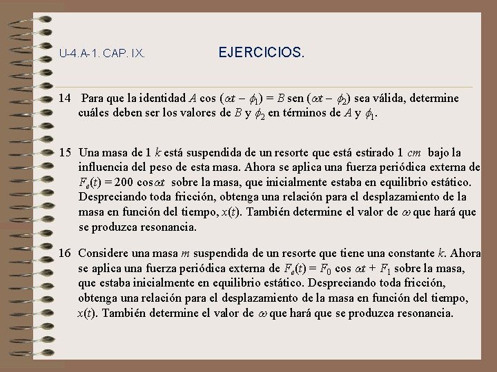 U-4. A-1. CAP. IX. EJERCICIOS. 14 Para que la identidad A cos (wt f