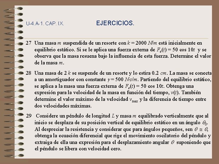 U-4. A-1. CAP. IX. EJERCICIOS. 27 Una masa m suspendida de un resorte con