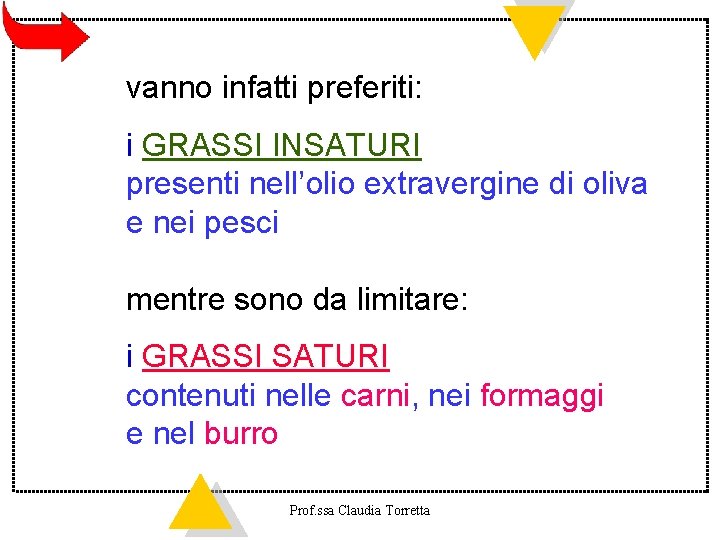 vanno infatti preferiti: i GRASSI INSATURI presenti nell’olio extravergine di oliva e nei pesci