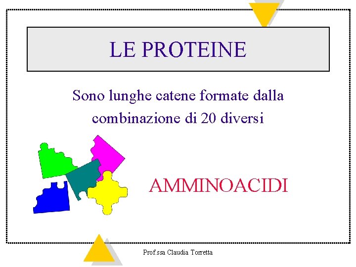 LE PROTEINE Sono lunghe catene formate dalla combinazione di 20 diversi AMMINOACIDI Prof. ssa