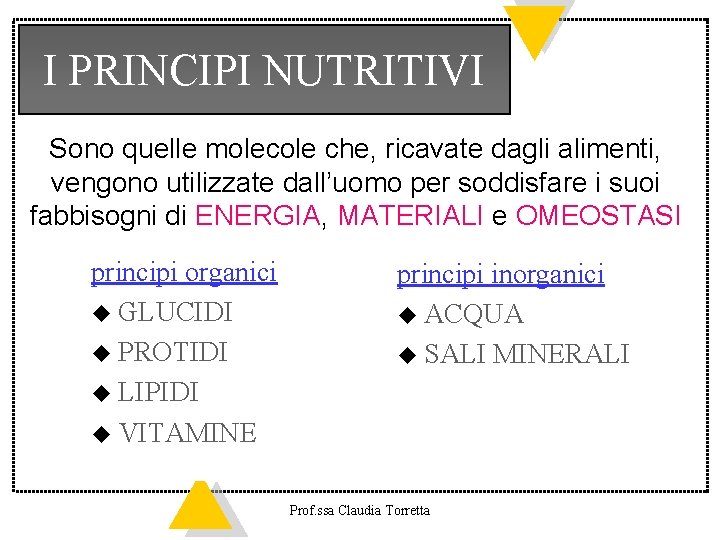 I PRINCIPI NUTRITIVI Sono quelle molecole che, ricavate dagli alimenti, vengono utilizzate dall’uomo per