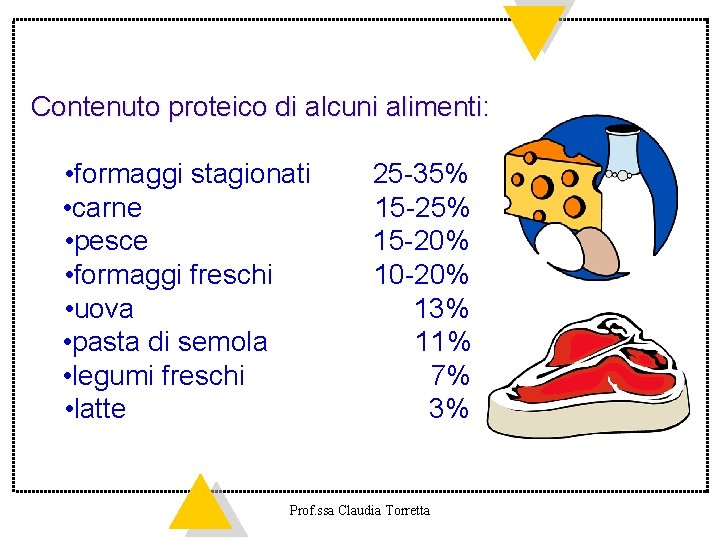 Contenuto proteico di alcuni alimenti: • formaggi stagionati • carne • pesce • formaggi