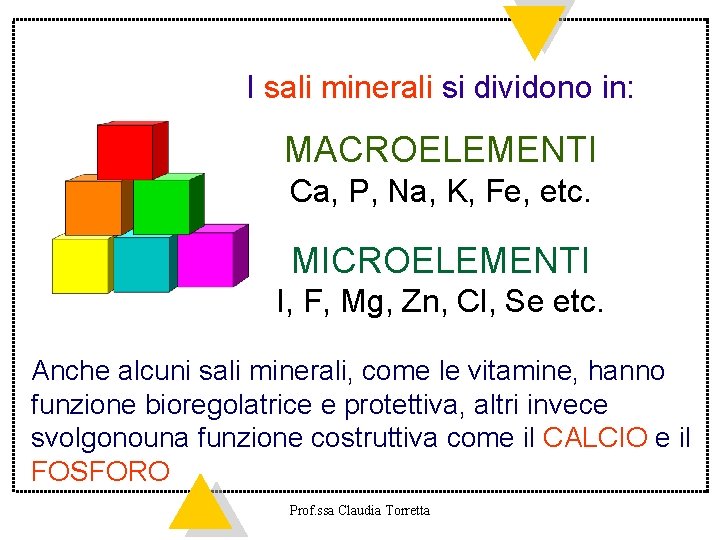 I sali minerali si dividono in: MACROELEMENTI Ca, P, Na, K, Fe, etc. MICROELEMENTI