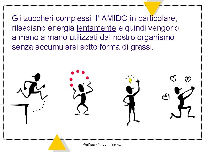Gli zuccheri complessi, l’ AMIDO in particolare, rilasciano energia lentamente e quindi vengono a