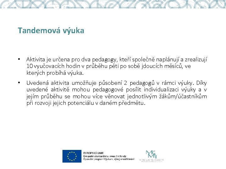 Tandemová výuka • Aktivita je určena pro dva pedagogy, kteří společně naplánují a zrealizují