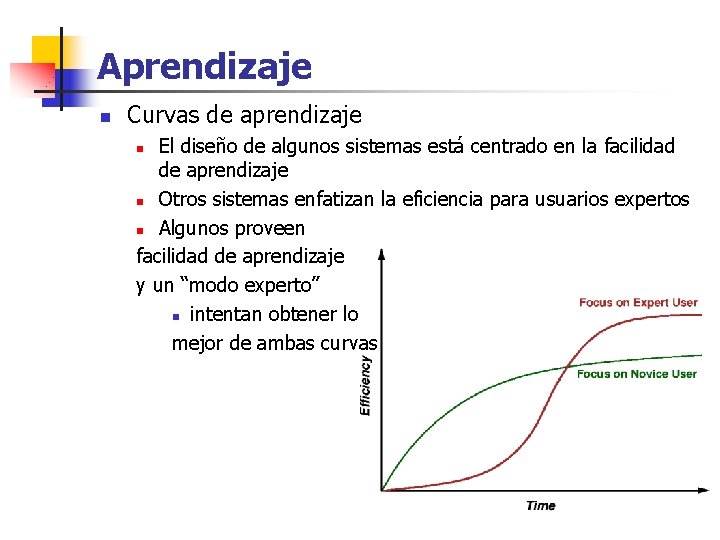 Aprendizaje n Curvas de aprendizaje El diseño de algunos sistemas está centrado en la