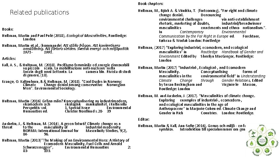 Book chapters: Related publications Books: Hultman, Martin and Paul Pulé (2018), Ecological Masculinities, Routledge: