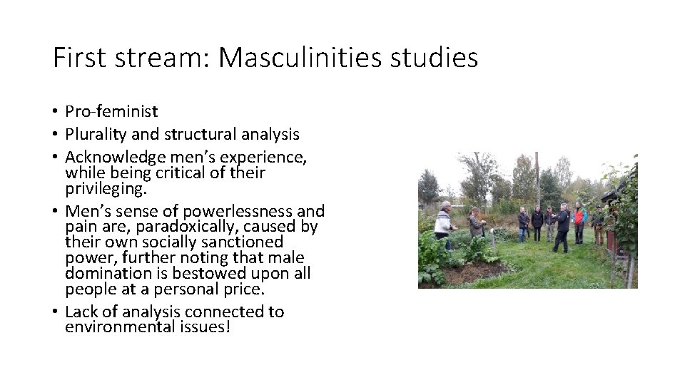 First stream: Masculinities studies • Pro-feminist • Plurality and structural analysis • Acknowledge men’s