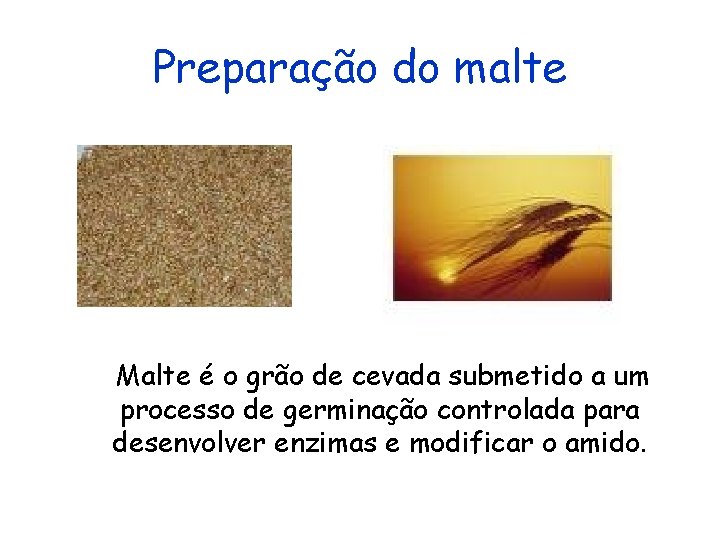 Preparação do malte Malte é o grão de cevada submetido a um processo de