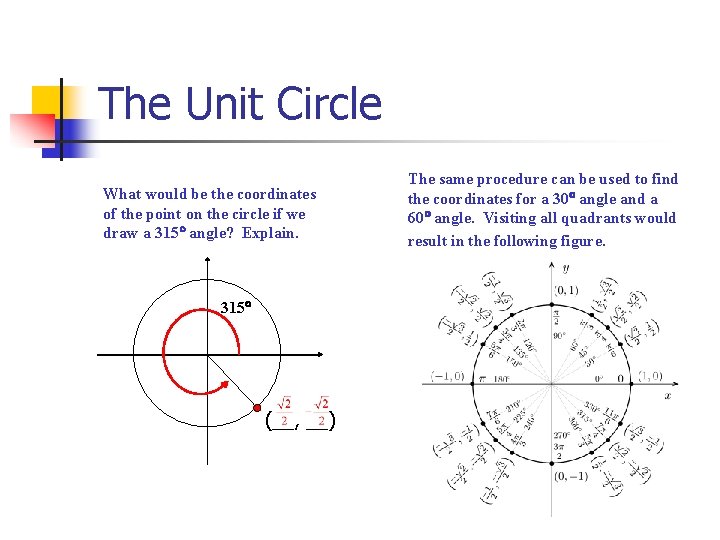 The Unit Circle What would be the coordinates of the point on the circle