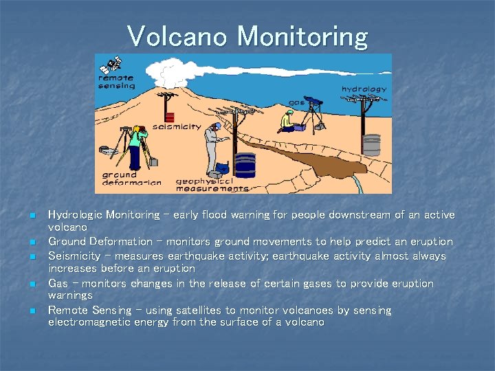 Volcano Monitoring n n n Hydrologic Monitoring – early flood warning for people downstream