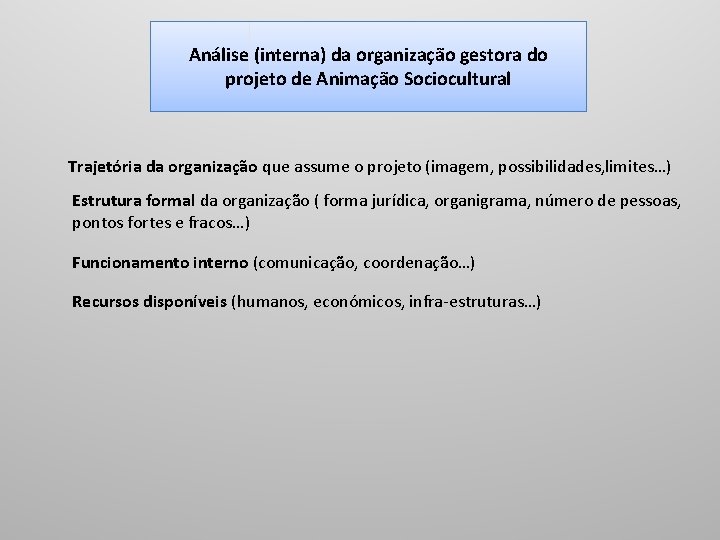 Análise (interna) da organização gestora do projeto de Animação Sociocultural Trajetória da organização que Análise (interna) da organização gestora do projeto de Animação Sociocultural Trajetória da organização que