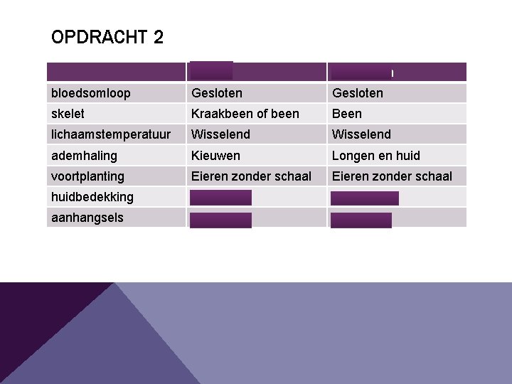 OPDRACHT 2 Vissen Amfibieën bloedsomloop Gesloten skelet Kraakbeen of been Been lichaamstemperatuur Wisselend ademhaling OPDRACHT 2 Vissen Amfibieën bloedsomloop Gesloten skelet Kraakbeen of been Been lichaamstemperatuur Wisselend ademhaling