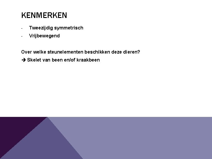 KENMERKEN - Tweezijdig symmetrisch - Vrijbewegend Over welke steunelementen beschikken deze dieren? Skelet van KENMERKEN - Tweezijdig symmetrisch - Vrijbewegend Over welke steunelementen beschikken deze dieren? Skelet van