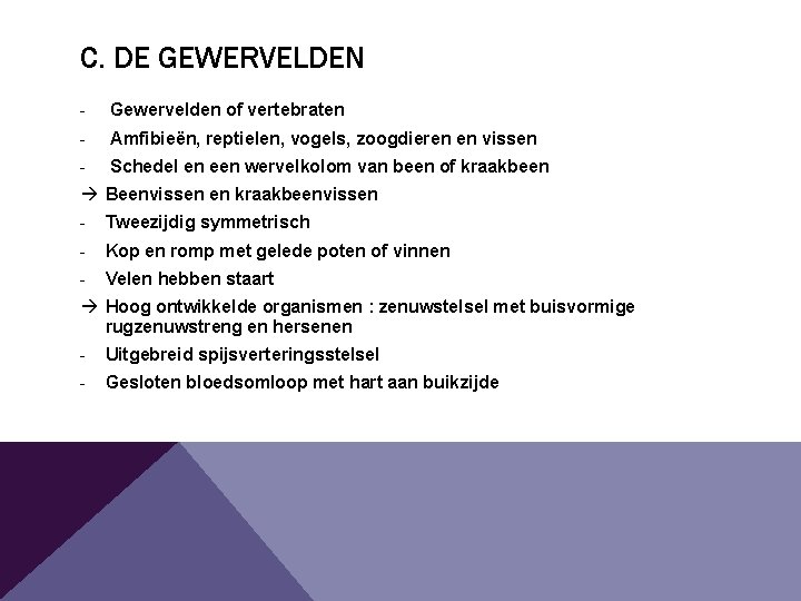 C. DE GEWERVELDEN - Gewervelden of vertebraten - Amfibieën, reptielen, vogels, zoogdieren en vissen C. DE GEWERVELDEN - Gewervelden of vertebraten - Amfibieën, reptielen, vogels, zoogdieren en vissen
