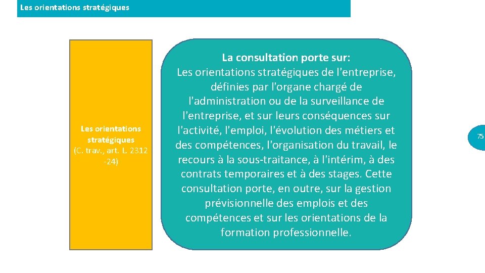 Les orientations stratégiques (C. trav. , art. L. 2312 -24) La consultation porte sur: