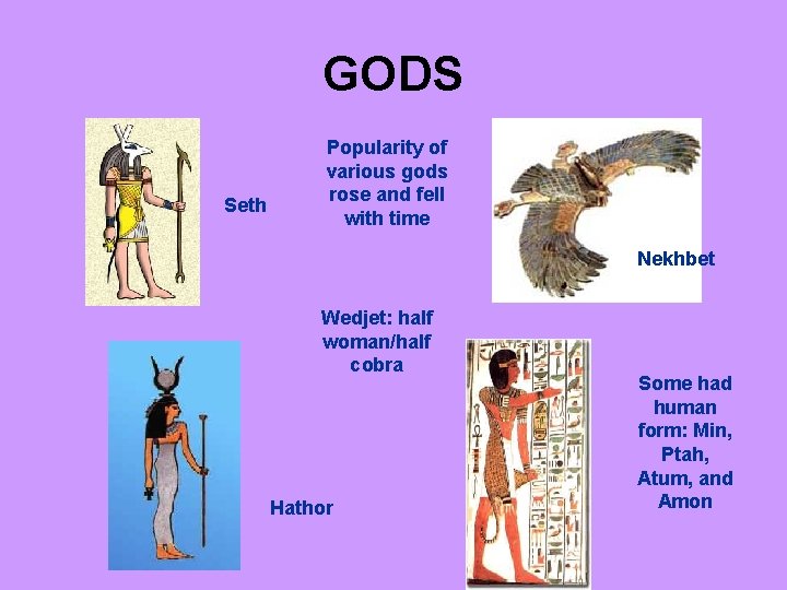 GODS Seth Popularity of various gods rose and fell with time Nekhbet Wedjet: half
