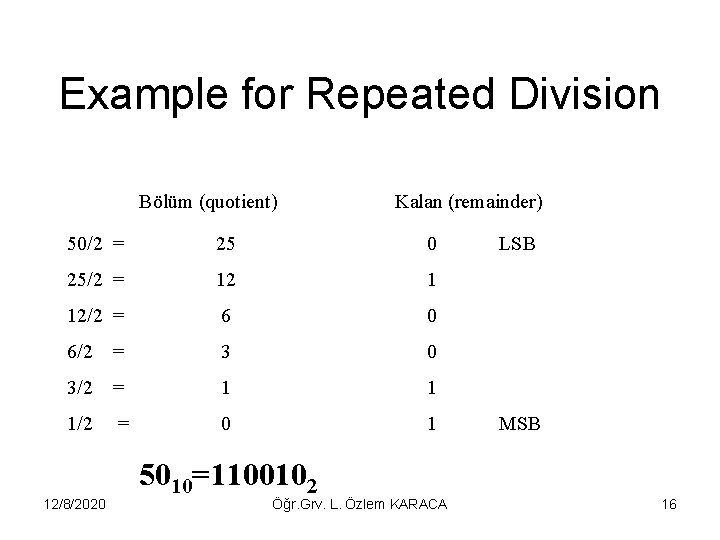 Example for Repeated Division Bölüm (quotient) Kalan (remainder) 50/2 = 25 0 25/2 =