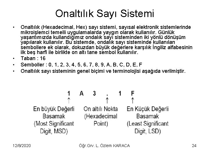 Onaltılık Sayı Sistemi • • Onaltılık (Hexadecimal, Hex) sayı sistemi, sayısal elektronik sistemlerinde mikroişlemci