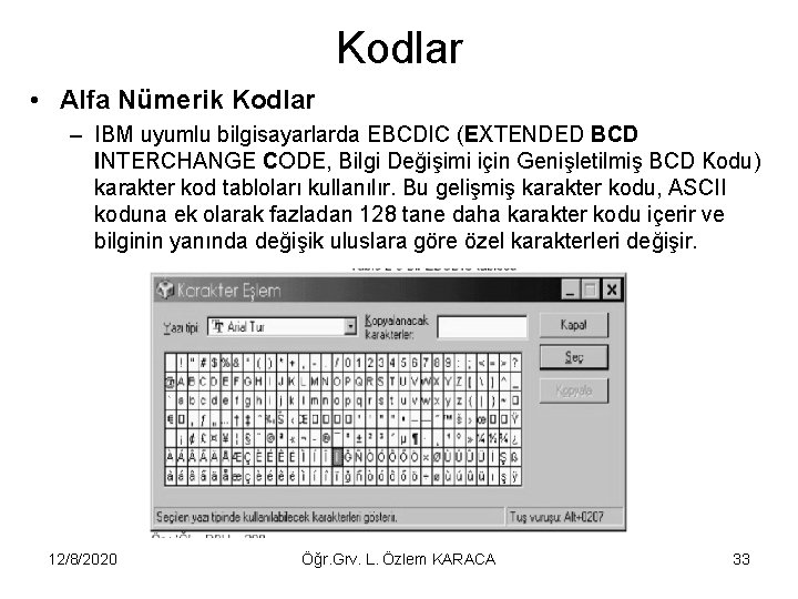 Kodlar • Alfa Nümerik Kodlar – IBM uyumlu bilgisayarlarda EBCDIC (EXTENDED BCD INTERCHANGE CODE,