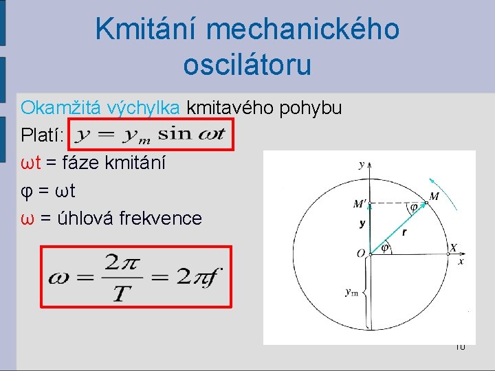 Kmitání mechanického oscilátoru Okamžitá výchylka kmitavého pohybu Platí: ωt = fáze kmitání φ =