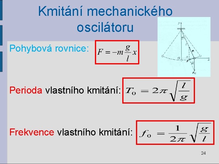 Kmitání mechanického oscilátoru Pohybová rovnice: Perioda vlastního kmitání: Frekvence vlastního kmitání: 24 