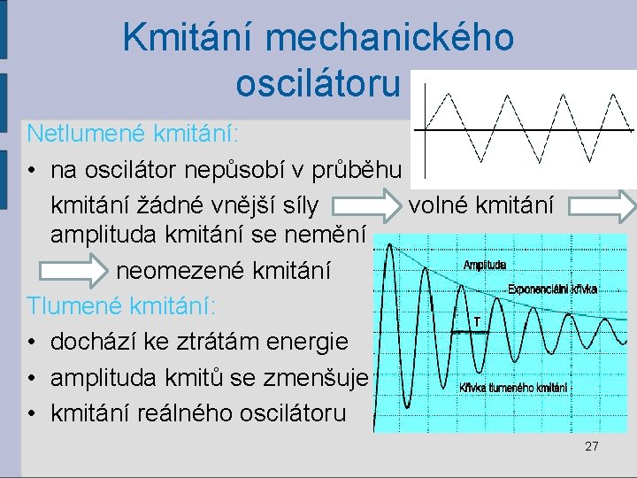 Kmitání mechanického oscilátoru Netlumené kmitání: • na oscilátor nepůsobí v průběhu kmitání žádné vnější