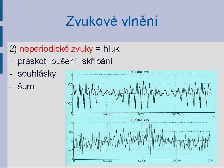 Zvukové vlnění 2) neperiodické zvuky = hluk - praskot, bušení, skřípání - souhlásky -