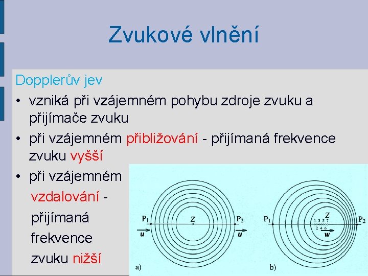 Zvukové vlnění Dopplerův jev • vzniká při vzájemném pohybu zdroje zvuku a přijímače zvuku