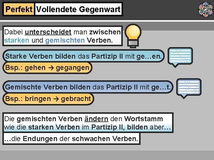 Perfekt Vollendete Gegenwart Dabei unterscheidet man zwischen starken und gemischten Verben. Starke Verben bilden