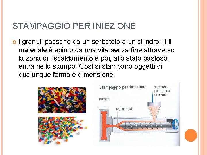 STAMPAGGIO PER INIEZIONE i granuli passano da un serbatoio a un cilindro : lì