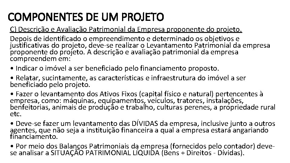 COMPONENTES DE UM PROJETO C) Descrição e Avaliação Patrimonial da Empresa proponente do projeto.