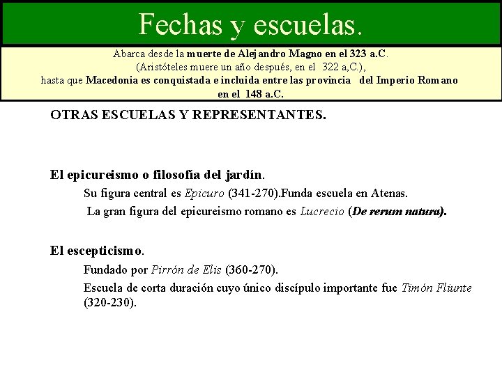 Fechas y escuelas. Abarca desde la muerte de Alejandro Magno en el 323 a.