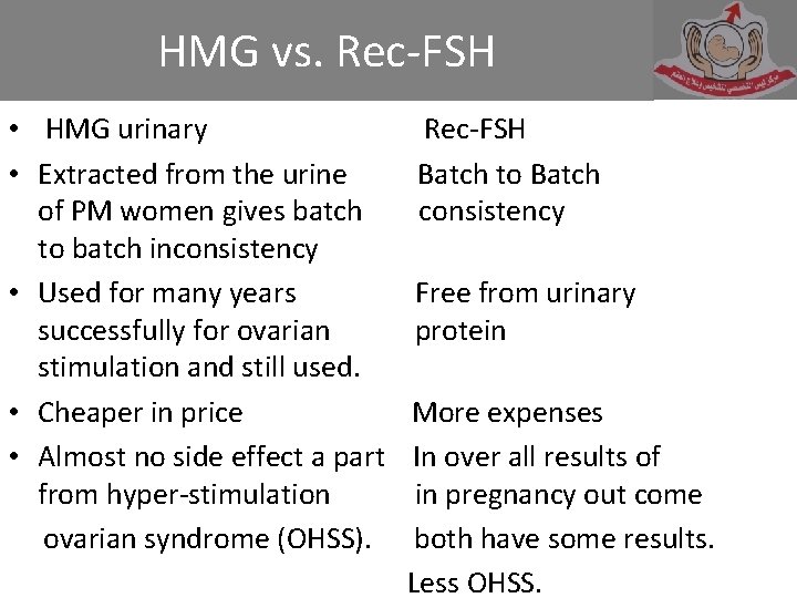 HMG vs. Rec-FSH • HMG urinary • Extracted from the urine of PM women