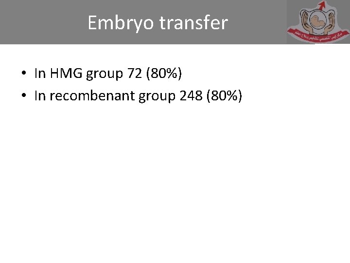 Embryo transfer • In HMG group 72 (80%) • In recombenant group 248 (80%)