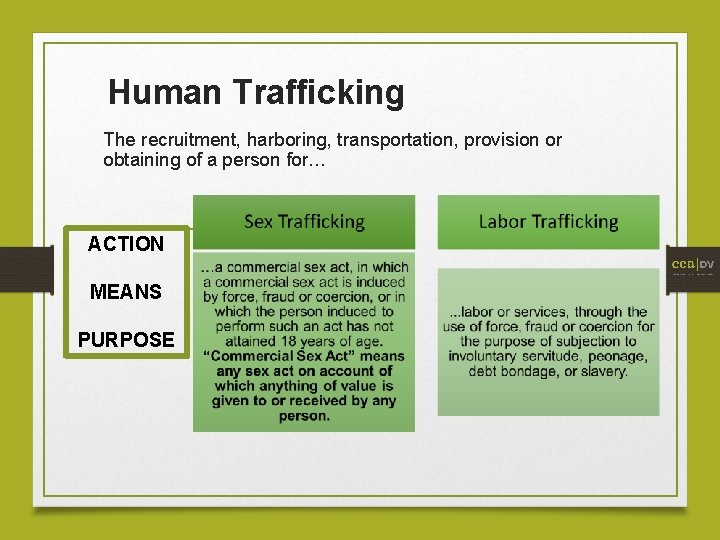 Human Trafficking The recruitment, harboring, transportation, provision or obtaining of a person for… ACTION