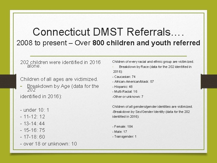 Connecticut DMST Referrals…. 2008 to present – Over 800 children and youth referred 202