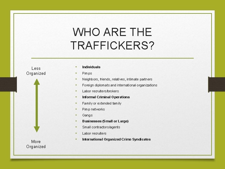 WHO ARE THE TRAFFICKERS? Less Organized More Organized • • • • Individuals Pimps