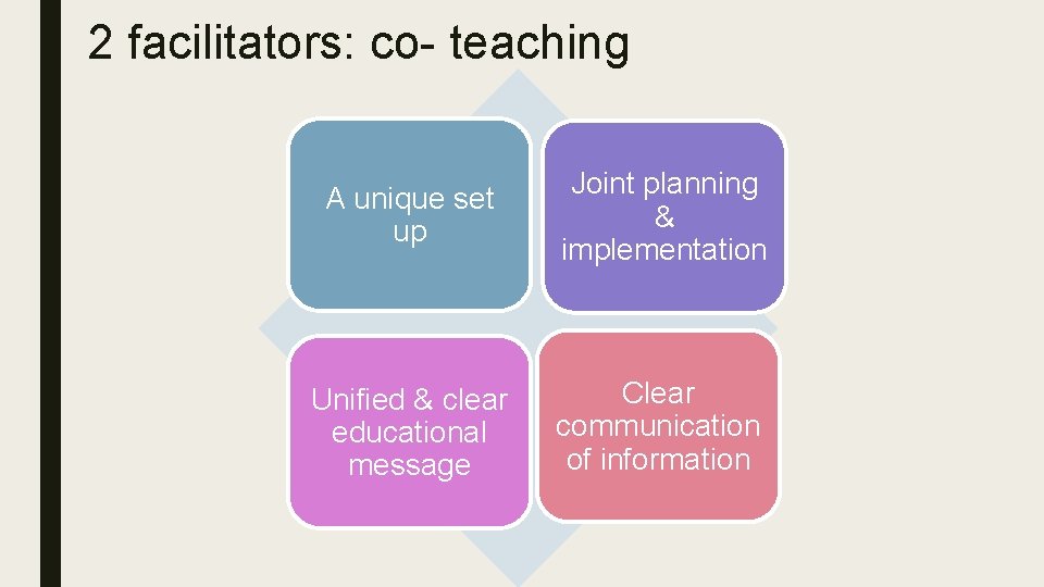 2 facilitators: co- teaching A unique set up Joint planning & implementation Unified &