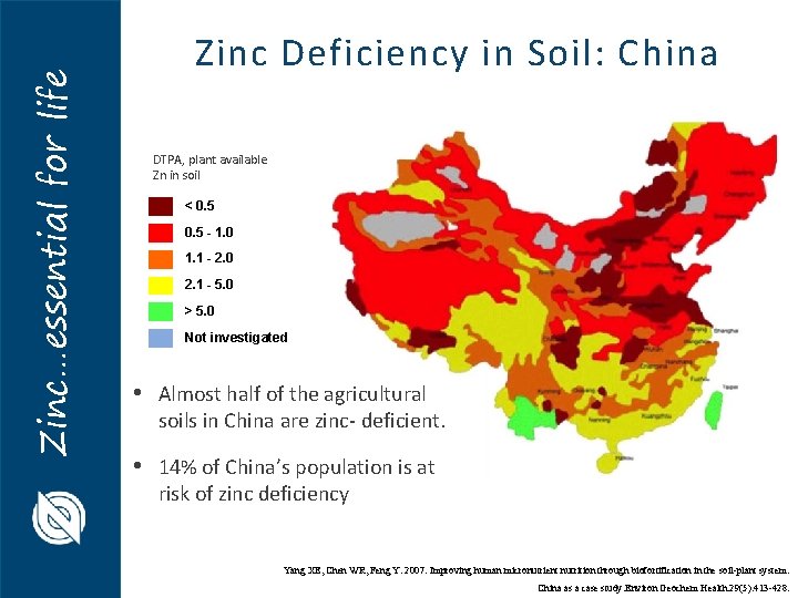Zinc…essential for life Zinc Deficiency in Soil: China DTPA, plant available Zn in soil