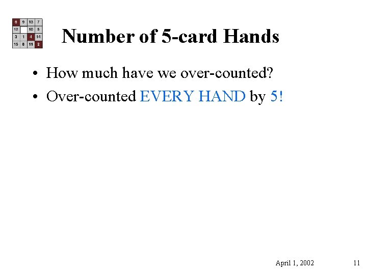 Number of 5 -card Hands • How much have we over-counted? • Over-counted EVERY
