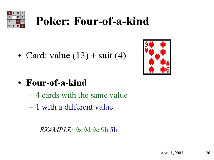 Poker: Four-of-a-kind • Card: value (13) + suit (4) • Four-of-a-kind – 4 cards