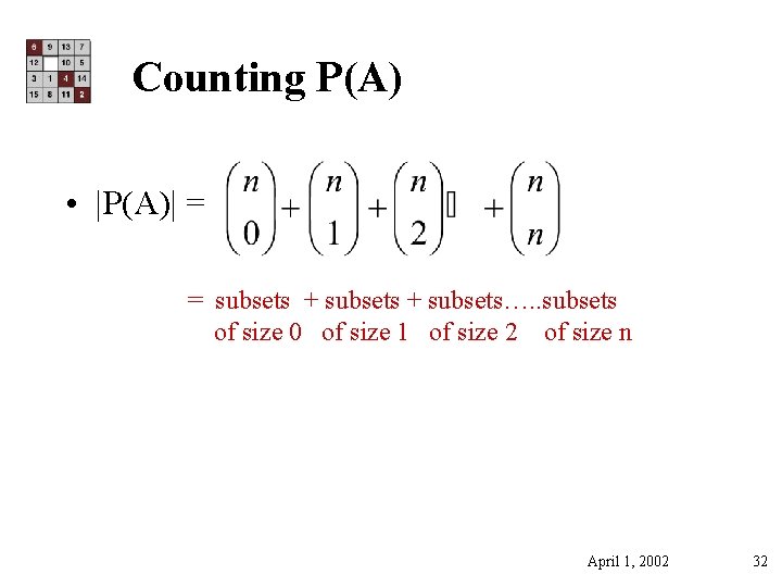 Counting P(A) • |P(A)| = = subsets + subsets…. . subsets of size 0