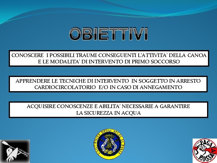 OBIETTIVI CONOSCERE I POSSIBILI TRAUMI CONSEGUENTI L’ATTIVITA’ DELLA CANOA E LE MODALITA’ DI INTERVENTO